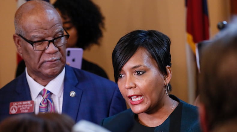 January 14, 2020 - Atlanta - Rep. Calvin Smyre D - Columbus, watches as Atlanta Mayor Keisha Lance Bottoms talks with the media after she addressed the house. The Georgia General Assembly continued with the second legislative day of the 2020 session. Bob Andres / bandres@ajc.com