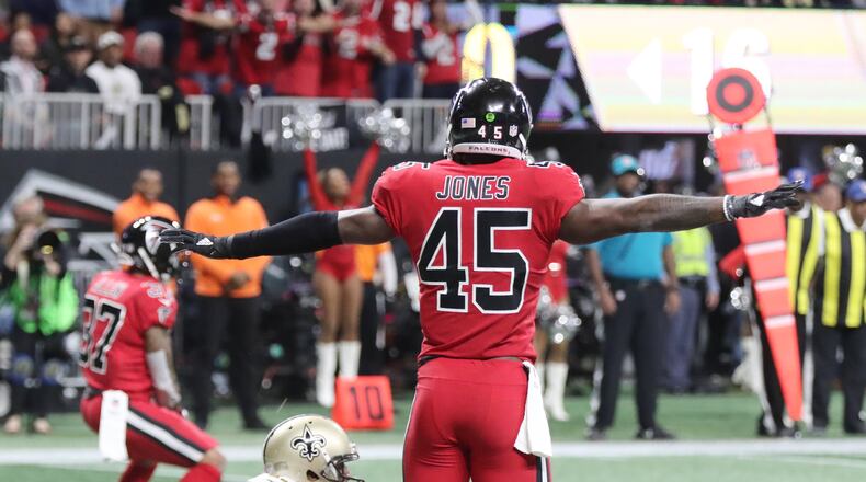 12/7/17 - Atlanta -  Atlanta Falcons middle linebacker Deion Jones (45) signals no catch after the Falcons held the Saints to a field goal on their first possession.  Atlanta Falcons play their rival, the New Orleans Saints in an NFL football game at Mercedes-Benz Stadium in Atlanta.   Curtis Compton / ccompton@ajc.com