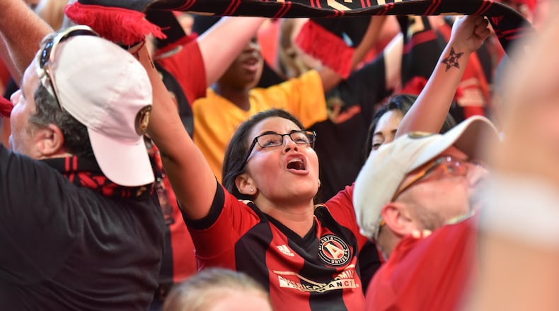 September 16, 2017 Atlanta - Atlanta United fans cheer before an MLS soccer match at Mercedes-Benz Stadium on Saturday, September 16, 2017. Saturdayâs Atlanta United match against Orlando City will be the third at Mercedes-Benz for the first-year franchise, and a new Major League Soccer single-game attendance record is expected to be set in the latest meeting of the southern MLS rivals. HYOSUB SHIN / HSHIN@AJC.COM