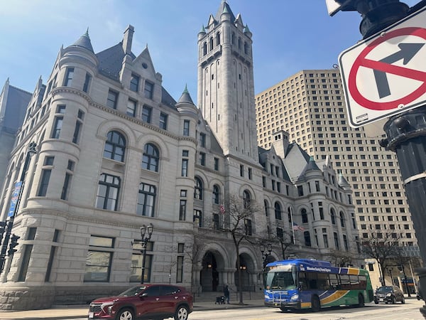 Traffic passes the courthouse in Milwaukee on Friday, April 25, 2025. (AP Photo/Devi Shastri)