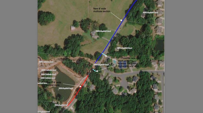 Milton plans to extend the sidewalk along the Lakeside Park frontage 
on the north side of Mayfield Road to the intersection with Freemanville Road. (Courtesy City of Milton)