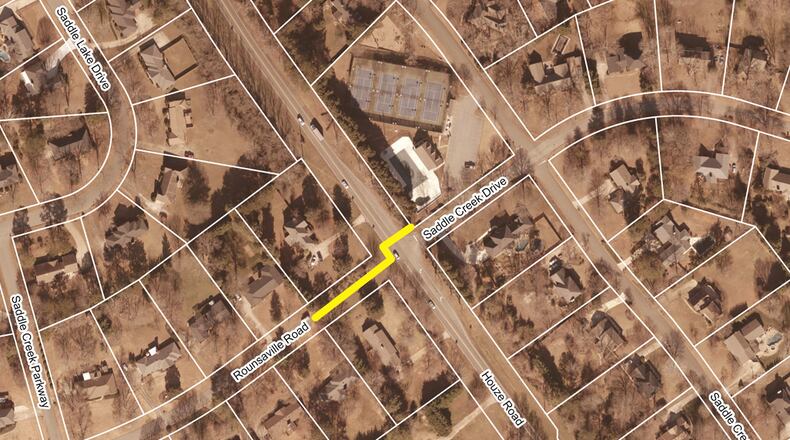Map depicts the crosswalk and multi-use path to be created at Saddle Creek Drive and Houze Road (Ga. 140) in Roswell. CITY OF ROSWELL
