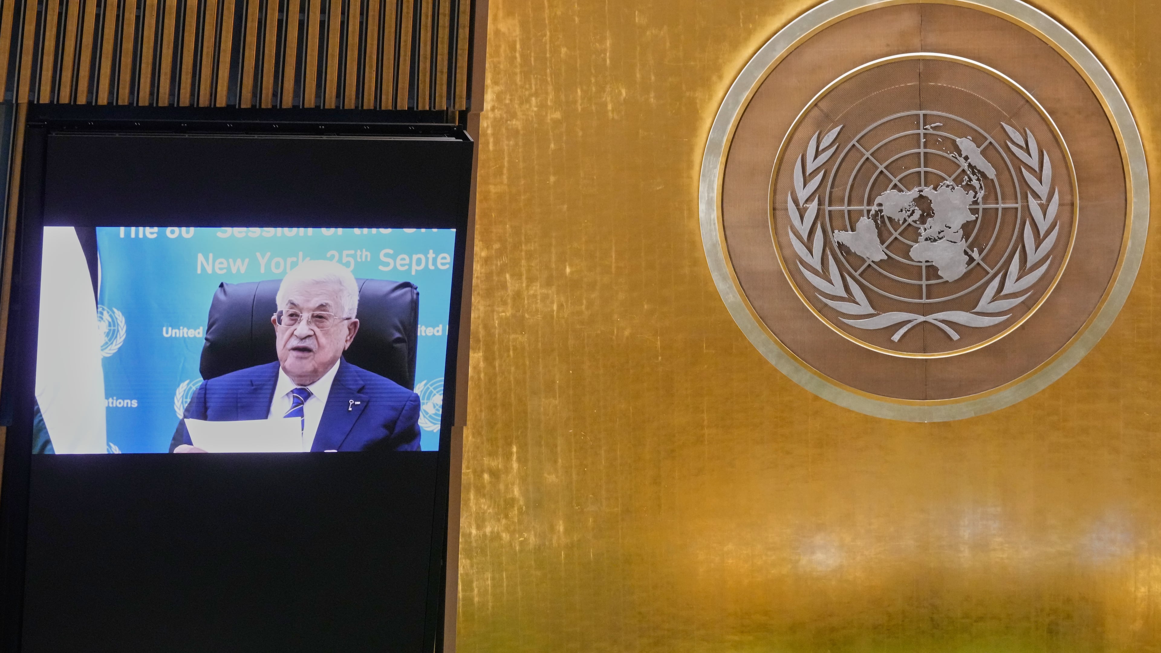 Palestinian President Mahmoud Abbas addresses the 80th session of the United Nations General Assembly via video, Thursday, Sept. 25, 2025. (AP Photo/Richard Drew)