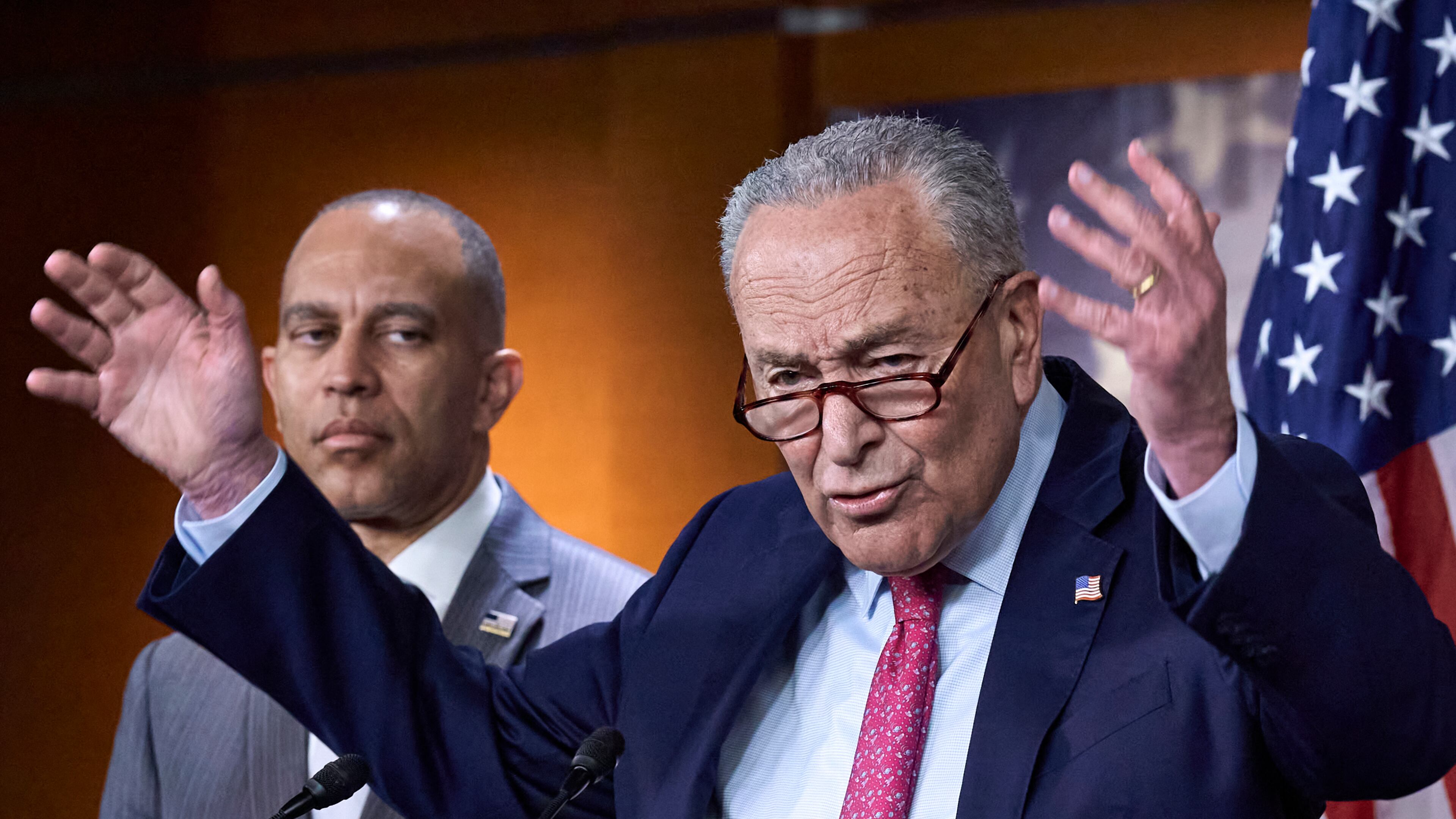 FILE—Senate Minority Leader Chuck Schumer, D-N.Y., and House Minority Leader Hakeem Jeffries, D-N.Y., left, hold a news conference on the GOP reconciliation bill, at the Capitol in Washington, Wednesday, June 11, 2025. (AP Photo/J. Scott Applewhite, file)
