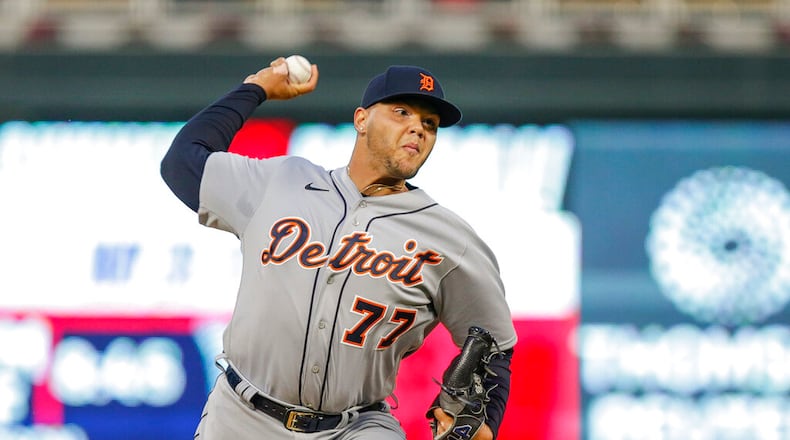 Detroit Tigers pitcher Joe Jimenez throws during a baseball game against the Minnesota Twins Monday, May 23, 2022, in Minneapolis. (AP Photo/Andy Clayton-King)