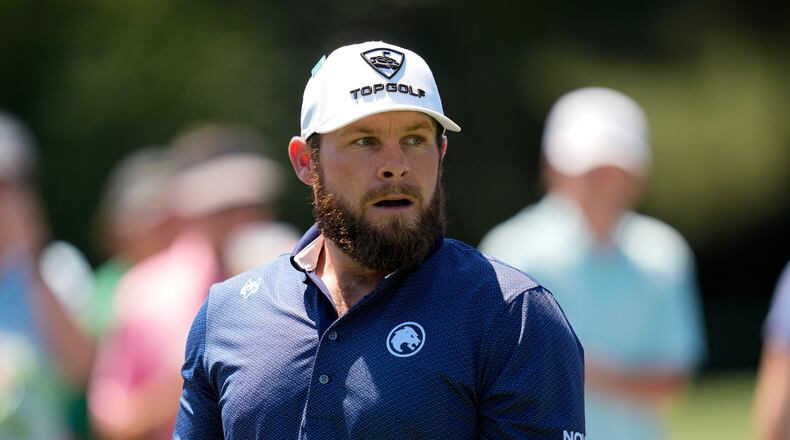 Tyrrell Hatton, of England, watches his tee shot on the sixth hole during the final round of the Masters golf tournament at the Augusta National Golf Club, Sunday, April 12, 2026, in Augusta, Ga. (AP Photo/Ashley Landis)