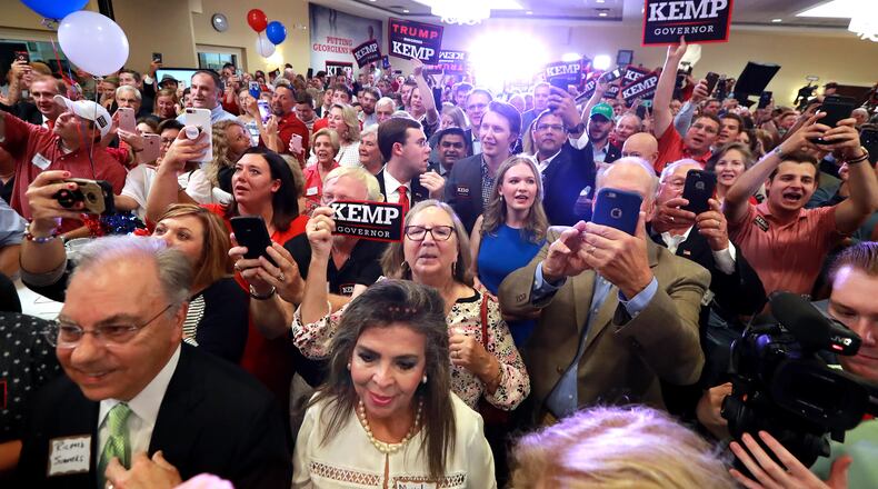July 24, 2018 Athens: Supporters fill the room for Secretary of State Brian Kemp's victory speech in the GOP runoff election at the Holiday Inn on Tuesday, July 24, 2018, in Athens.    Curtis Compton/ccompton@ajc.com