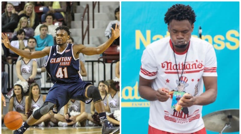 Gideon Oji, a former basketball player at Division II Clayton State University, finished sixth on Wednesday in the Nathan's Famous Hot Dog Eating Contest on ESPN2, taking down 37.5 hot dogs and buns.