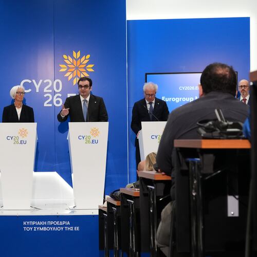 From left to right, European Commissioner for Economy and Productivity, Implementation and Simplification Valdis Dombrovskis, European Central Bank President Christine Lagarde, President of the Eurogroup Kyriakos Pierrakakis, Managing Director and the European Stability Mechanism Pierre Gramegna talk to the media during the Eurogroup finance ministers meeting in capital Nicosia, Cyprus, Friday, May 22, 2026. (AP Photo/Petros Karadjias)