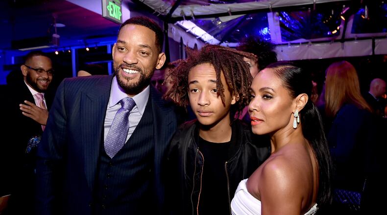 LOS ANGELES, CA - FEBRUARY 24: Actors Will Smith, son Jaden Smith and his wife Jada Pinkett Smith pose at the after party for the premiere of Warner Bros. Pictures' "Focus" at the W Hotel on February 24, 2015 in Los Angeles, California. (Photo by Kevin Winter/Getty Images)