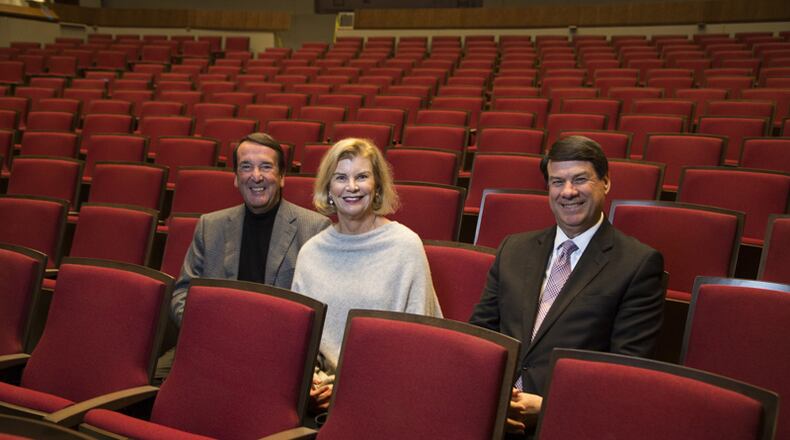 Ken and Trish Byers (from left), with Sandy Springs Mayor Rusty Paul, announce a $2.5 million donation to the new Performing Arts Center at City Springs. The venue’s main theater will be named for the Byers. CITY OF SANDY SPRINGS