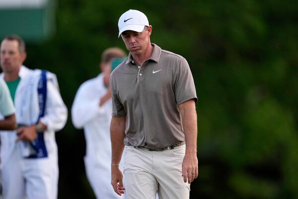 Rory McIlroy, of Northern Ireland, walks off the 18th green after the first round at the Masters golf tournament, Thursday, April 10, 2025, in Augusta, Ga. (AP Photo/George Walker IV)