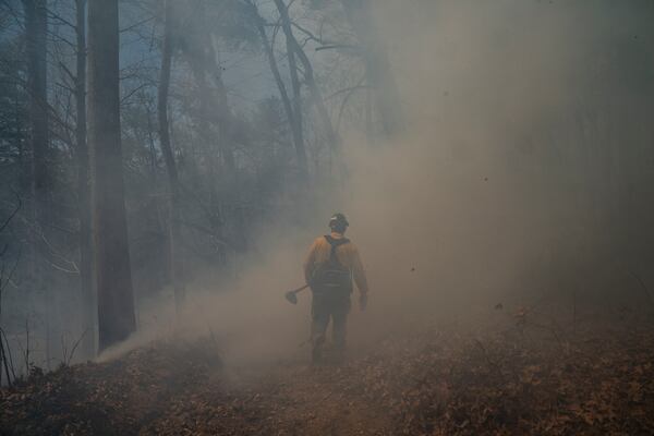 A firefighter works to control the Black Cove Fire Wednesday, March 26, 2025, in Saluda, N.C.. (AP Photo/Allison Joyce)