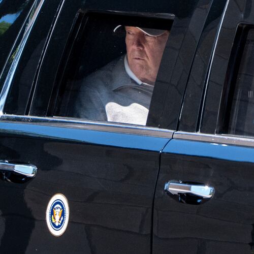 President Donald Trump looks out the window of his limousine at the construction in Lafayette Park as he departs the White House, Saturday, May 30, 2026, in Washington. (AP Photo/Alex Brandon)