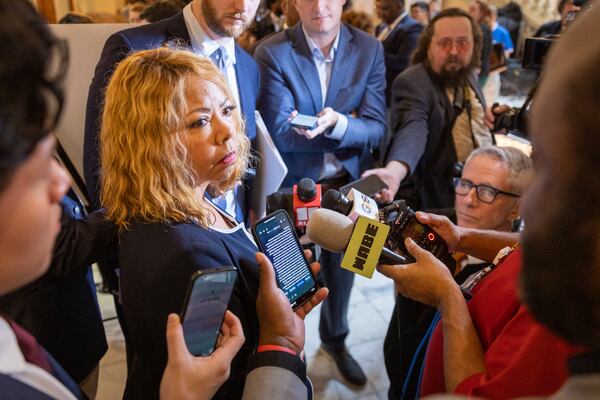U.S. Rep. Lucy McBath, D-Ga 7th District, gives an interview after signing paperwork to qualify for reelection at the Capitol in Atlanta on Monday, March 4, 2024. Today is the first day to file paperwork to qualify for legislative and congressional races.  (Arvin Temkar / arvin.temkar@ajc.com)