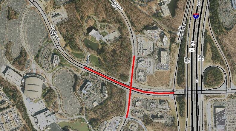 Sugarloaf Parkway will be widened from four to six lanes between the Infinite Energy Arena entrance and I-85. VIA COUNTY DOCUMENTS