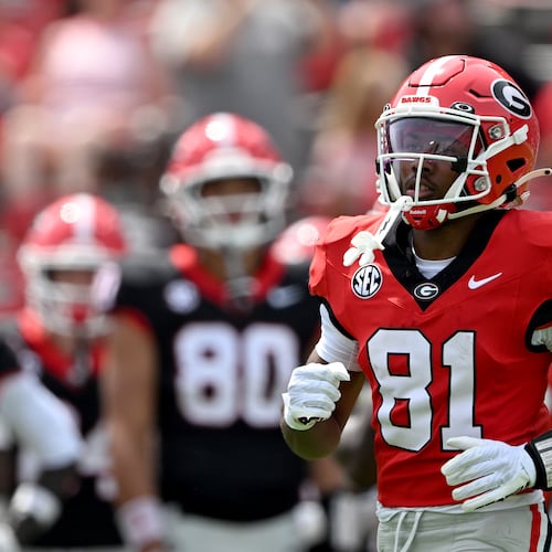Georgia wide receiver Craig Dandridge — pictured warming up at the G-Day spring football game in April — may contribute early as the No. 81 overall player among 2026 recruits. (Hyosub Shin/AJC)