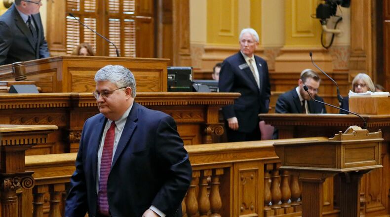 David Shafer, R-Duluth, leaves the well in the Senate chamber after speaking about his own adoption experience. The House on Thursday approved a compromise over a major overhaul to make adoptions easier in the state. Senators reconvened to address the bill, but then decided to consider the changes over the weekend. Bob Andres, bandres@ajc.com