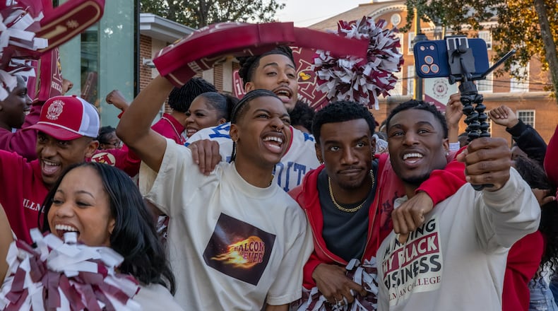 This opening scene of episode 8 of "A Different World" featuring (from left) Jordan Aaron Hall as Amir, Cornell Young IV as Shaquille, Chibuikem Uche as Kojo and Dasan Frazier as Xavier was shot at Atlanta University Center. (Eli Joshua Ade/Courtesy of Netflix)