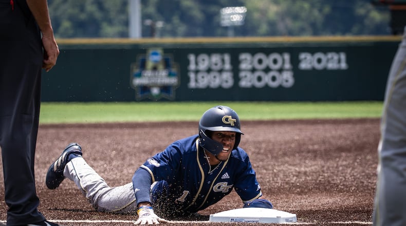 Georgia Tech second baseman Chandler Simpson dives into third base of the Yellow Jackets' NCAA regional game against Campbell June 5, 2022 in Knoxville, Tenn. (Gage Jenkins/Georgia Tech Athletics)