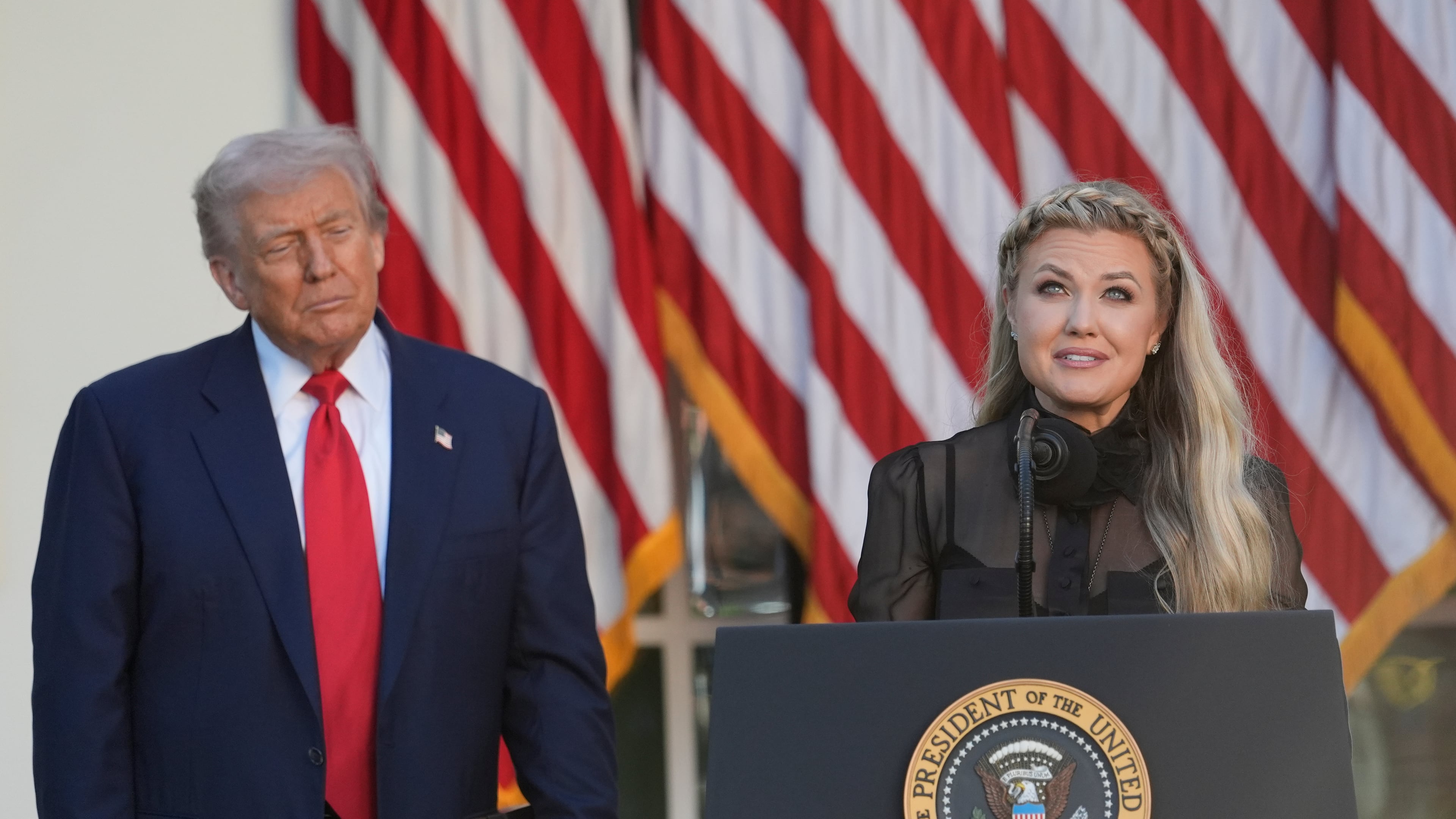 Erika Kirk speaks after President Donald Trump posthumously awarded the Presidential Medal of Freedom to Charlie Kirk in the Rose Garden of the White House, Tuesday, Oct. 14, 2025, in Washington. (AP Photo/Alex Brandon)