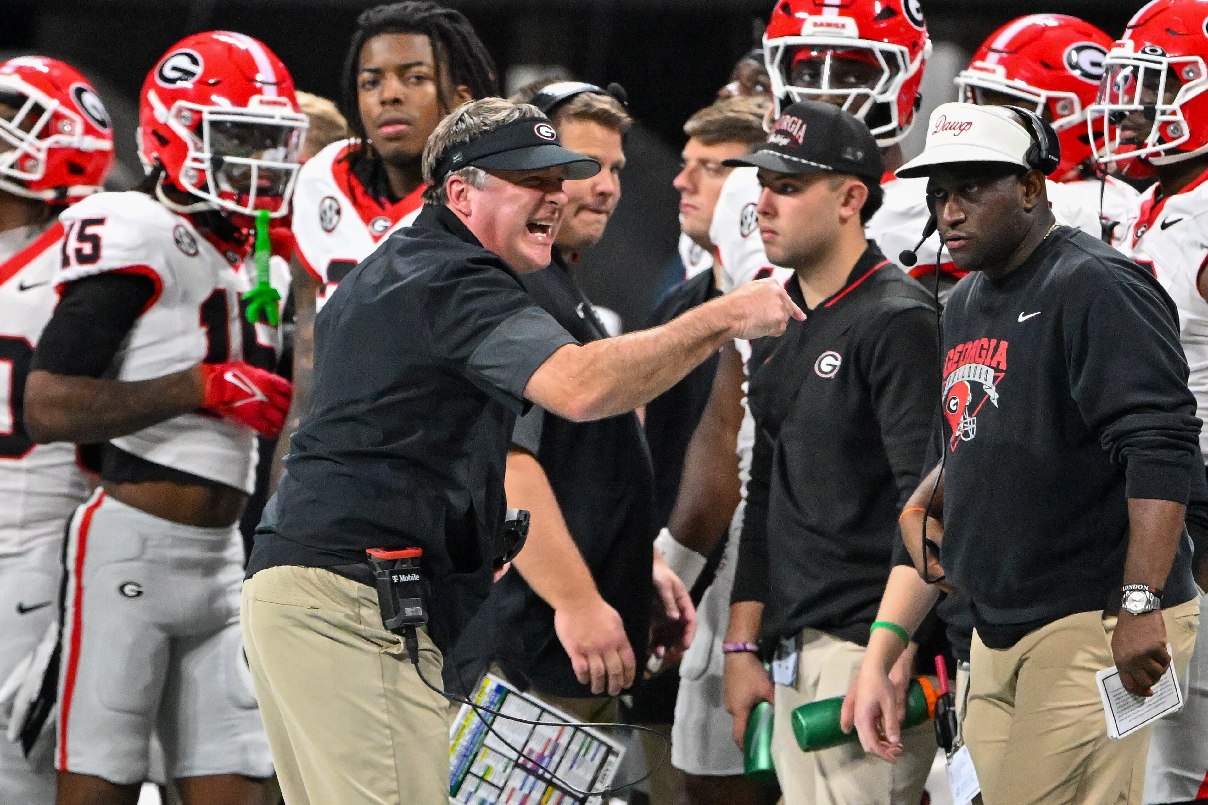 Georgia head coach Kirby Smart reacts against Alabama during the fourth quarter of the SEC Championship game at Mercedes-Benz Stadium, Saturday, Dec. 6, 2025, in Atlanta. Georgia won 28-7. (Hyosub Shin / AJC)