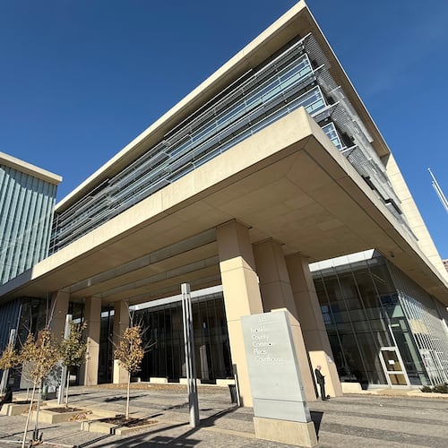 A person stands outside of the Franklin County Common Pleas Courthouse on Thursday, Nov. 13, 2025, in Columbus, Ohio. (AP Photo/Patrick Aftoora-Orsagos)