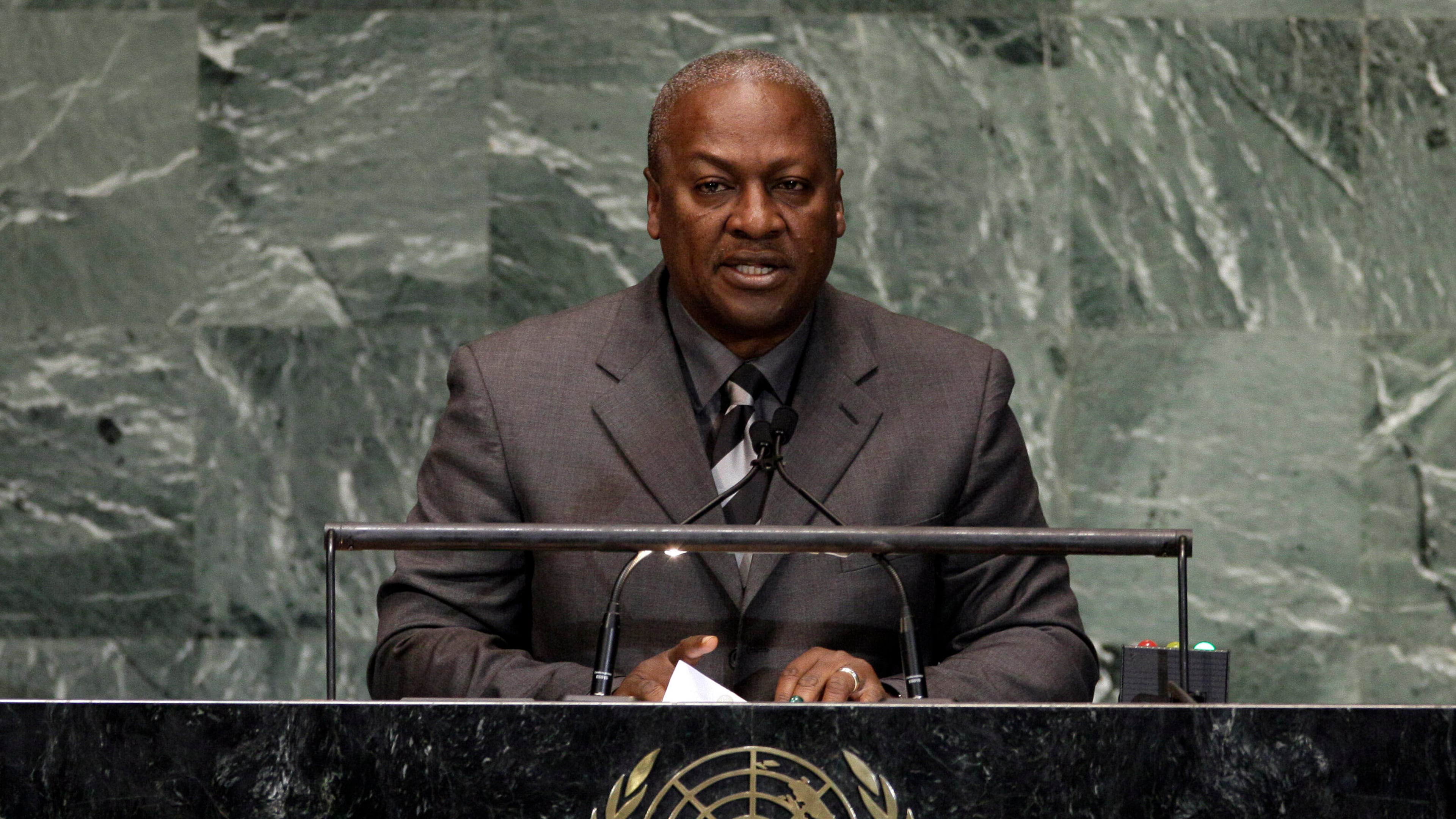 FILE -Ghana's President John Mahama addresses the high level meeting on rule of law in the United Nations General Assembly at U.N. headquarters, Sept. 24, 2012. (AP Photo/Richard Drew, File)