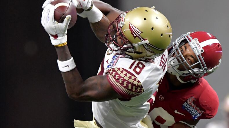 Receiver Auden Tate (18) was a star at Florida State. He signed a one-year contract with the Falcons. (HYOSUB SHIN / HSHIN@AJC.COM)