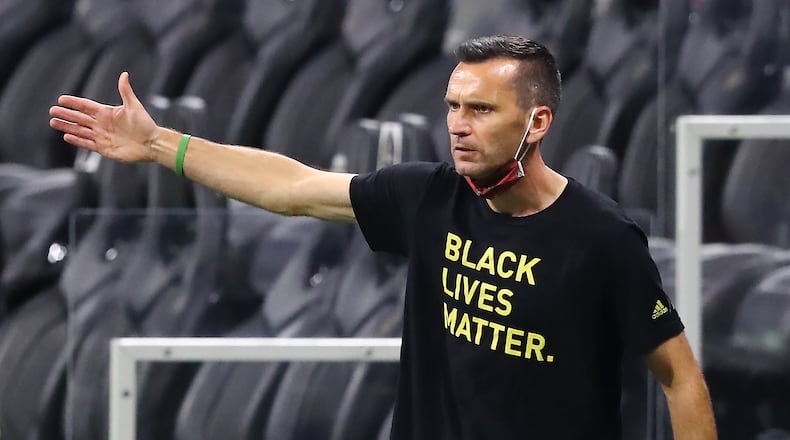082220 Atlanta: Atlanta United interim coach Stephen Glass leads his team during a 2-0 victory over Nashville SC during the first half of their MLS soccer match on Saturday, August 22, 2020 in Atlanta. Curtis Compton ccompton@ajc.com