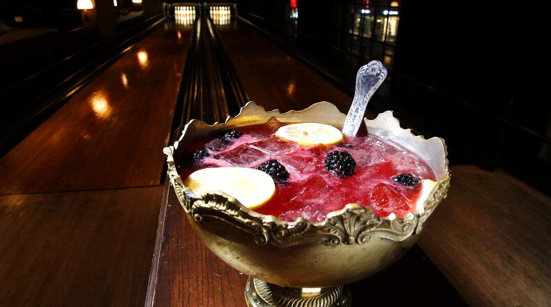 The Old One Two punch bowl at the Hotel Roosevelt’s Spare Room in Hollywood. With sipping in mind, it’s made with cognac, berries, lemon juice and sugar, then topped with Champagne. (Kirk McKoy/Los Angeles Times/TNS)