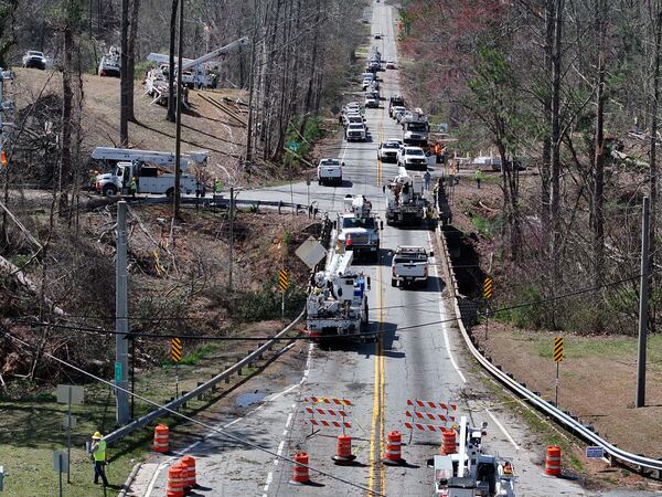 Aerial photo shows the aftermath of a storm in Dallas, Sunday, March 16, 2025. National Weather Service teams will be conducting a damage survey in the Paulding County/Dallas area, which sustained “pretty significant” damage from the storms, NWS Senior Meteorologist Dylan Lusk told The Atlanta Journal-Constitution on Sunday morning. (Hyosub Shin / AJC)