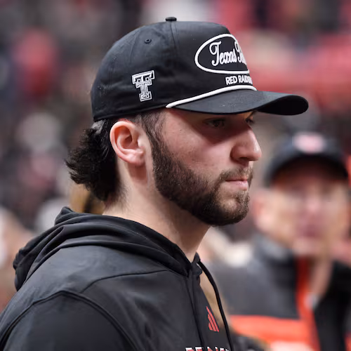 FILE - Quarterback Brendan Sorsby attends an NCAA college basketball game between Texas Tech and Houston, Jan. 24, 2026, in Lubbock, Texas. (AP Photo/Annie Rice, file)