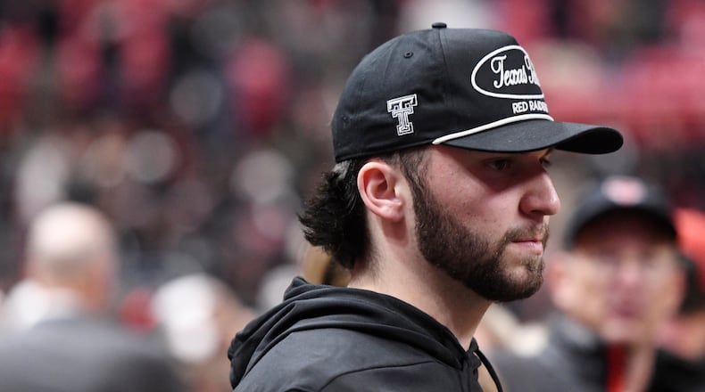 FILE - Quarterback Brendan Sorsby attends an NCAA college basketball game between Texas Tech and Houston, Jan. 24, 2026, in Lubbock, Texas. (AP Photo/Annie Rice, file)