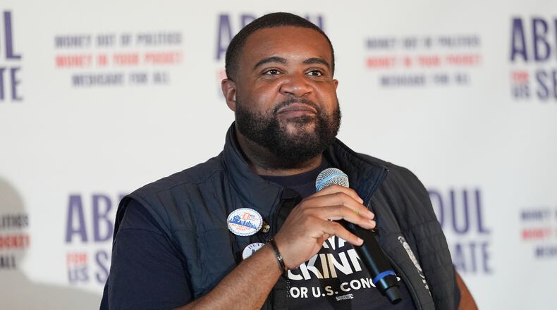Michigan state Rep. Donavan McKinney, Democratic candidate for U.S. House of Representatives in Michigan's 13th District, speaks at a campaign rally for Abdul El-Sayed, a progressive candidate in the Democratic primary for U.S. Senate in Michigan, Monday, Aug. 3, 2026, in Detroit. (AP Photo/Julia Demaree Nikhinson)