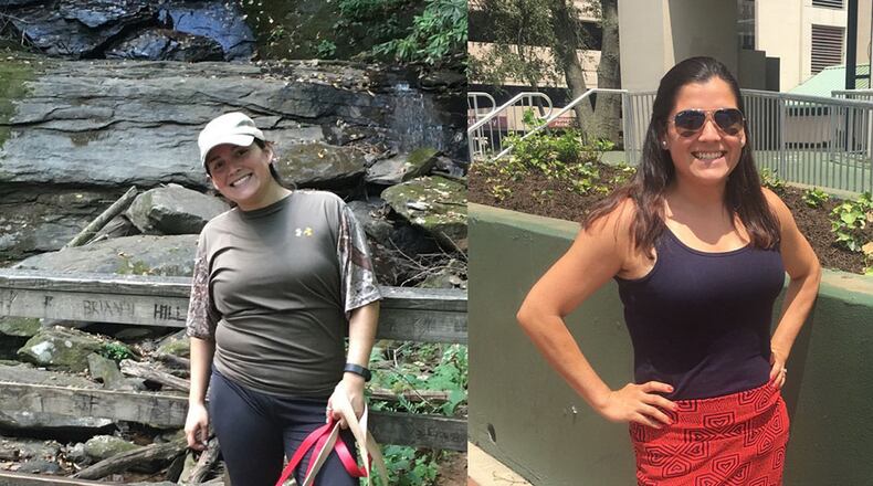 Melinda Watts weighed 160 pounds when the photo on the left was taken in October 2016. In the photo on the right, taken in August, Watts weighed 143 pounds. (Photographs contributed by Melinda Watts)