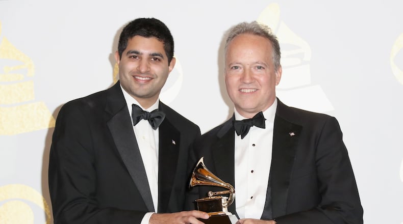 Producer Kabir Sehgal (left) and composer Ted Nash, winners of Best Large Jazz Ensemble Album for ‘Presidential Suite: Eight Variations on Freedom’ (Ted Nash Big Band), pose in the press room during The 59th GRAMMY Awards at STAPLES Center on Feb. 12, 2017 in Los Angeles, California. (Photo by Frederick M. Brown/Getty Images)