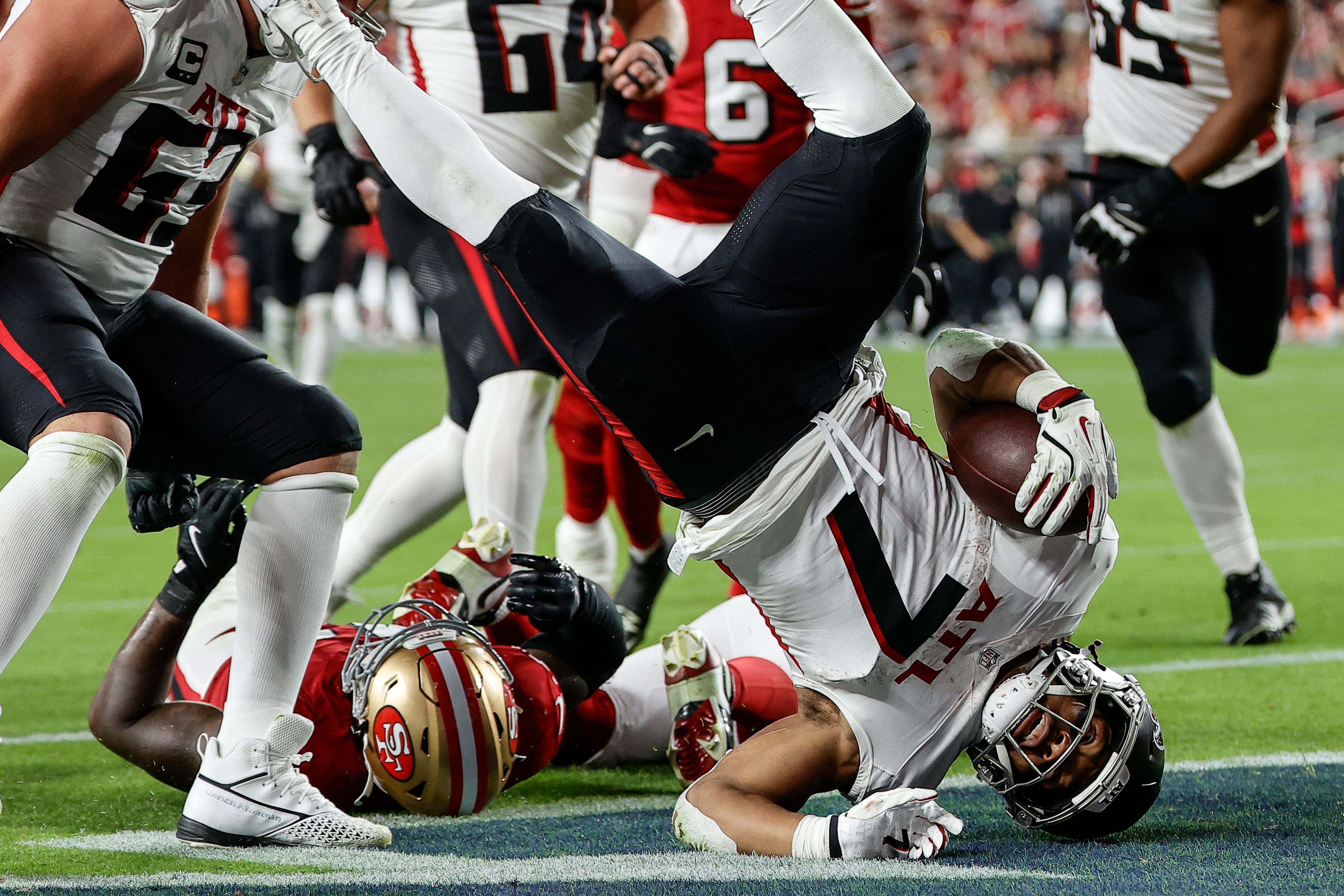 Falcons running back Bijan Robinson scores a touchdown against the San Francisco 49ers on Sunday, Oct. 19, 2025, in Santa Clara, Calif. (Kelley L Cox/AP)