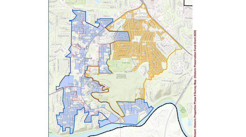 Roswell is seeking a $20,000 state grant to conduct a historic survey of the eastern part of the city (in orange), including the historic African-American community of Groveway. A prior survey covered the area in blue. CITY OF ROSWELL
