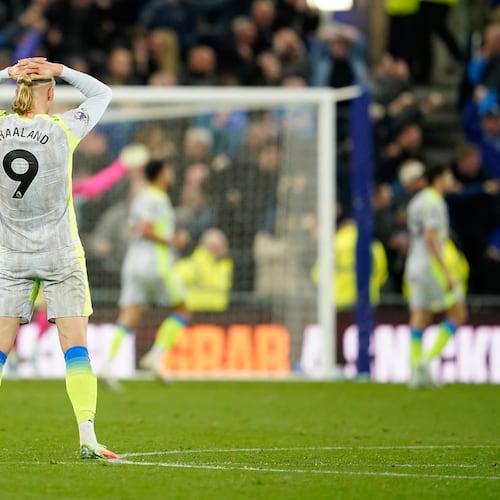 Manchester City's Erling Haaland reacts after Everton scored during the Premier League soccer match between Manchester City and Everton in Liverpool, England, Monday, May 4, 2026. (AP Photo/Dave Thompson)
