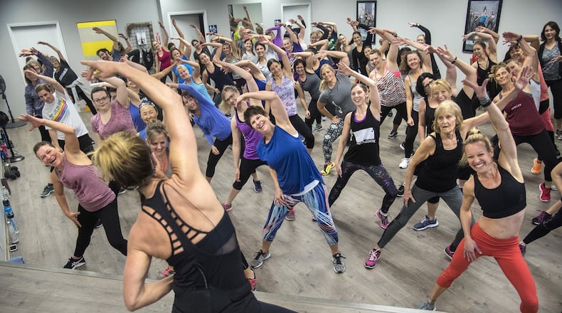 Jazzercise president Shanna Missett Nelson, daughter of the CEO and founder, teaches a Saturday, Jan. 20, 2018, to a standing-room-only class at a newly opened center on the South Hill at 2727 S. Mt Vernon, in Spokane, Wash. (Dan Pelle/The Spokesman-Review/TNS)
