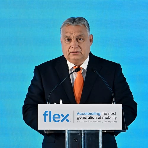 FILE - Hungarian Prime Minister Viktor Orban speaks during the inauguration of the new production plant of Flex, the Flex Zala Automotive Next Gen Mobility plant in Zalaegerszeg, southwestern Hungary, Nov. 25, 2025. (Tibor Illyes/MTI via AP, File)