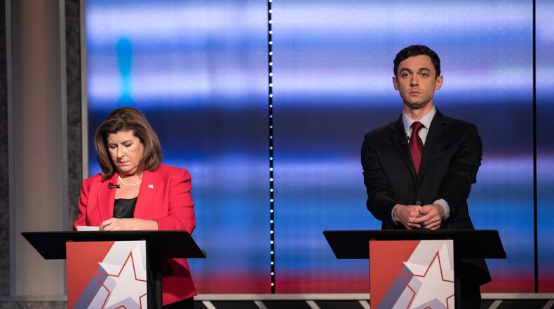 Republican Karen Handel and Democrat Jon Ossoff at the first 6th District debate. BRANDEN CAMP/SPECIAL