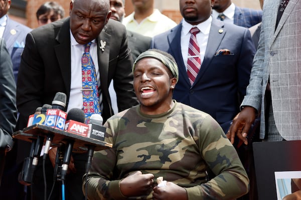 Rashaad Muhammad speaks during a press conference outside Fulton County Jail on Wednesday, April 29, 2026. (Miguel Martinez/AJC)