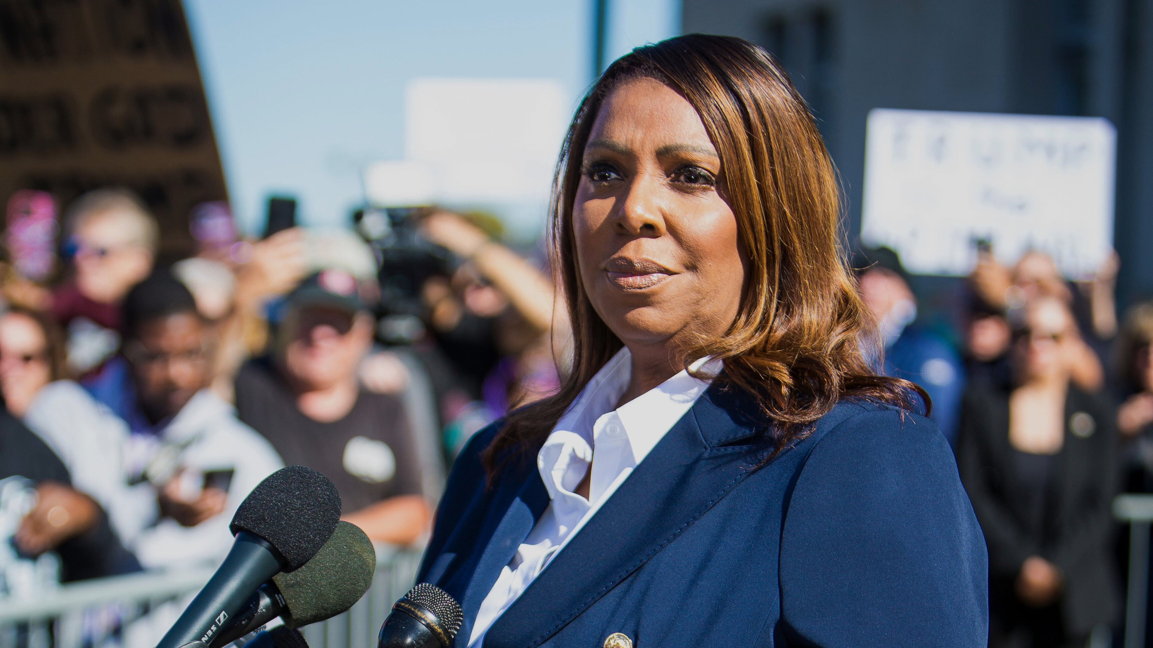 New York Attorney General, Letitia James, speaks after pleading not guilty outside the United States District Court on Friday, Oct. 24, 2025, in Norfolk, Va. (AP Photo/John Clark)