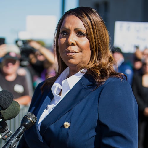 New York Attorney General, Letitia James, speaks after pleading not guilty outside the United States District Court on Friday, Oct. 24, 2025, in Norfolk, Va. (AP Photo/John Clark)