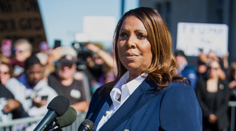 New York Attorney General, Letitia James, speaks after pleading not guilty outside the United States District Court on Friday, Oct. 24, 2025, in Norfolk, Va. (AP Photo/John Clark)