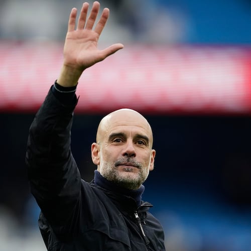 FILE - Manchester City's head coach Pep Guardiola greets fans at the end of the English Premier League soccer match between Manchester City and Brentford in Manchester, Saturday, May 9, 2026. (AP Photo/Dave Thompson, File)