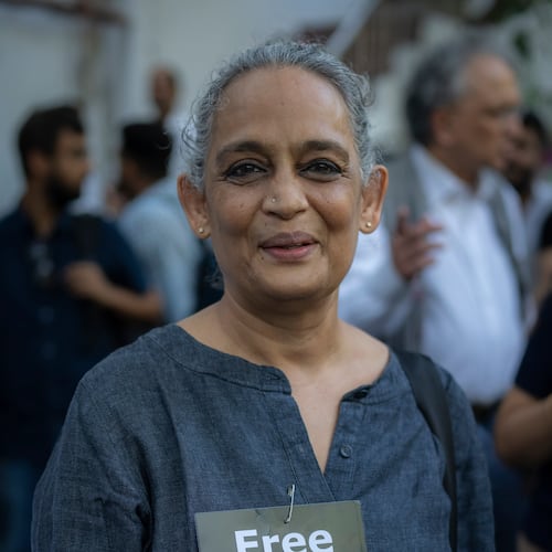 FILE - Writer and activist Arundhati Roy participates in a protest at the press club of India in New Delhi, India, Oct. 4, 2023. (AP Photo/Altaf Qadri, File)