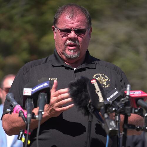 Humphreys County Sheriff Chris Davis, right, speaks during a news conference Monday, Oct. 13, 2025, in McEwen, Tenn., at Accurate Energetic Systems. (AP Photo/Obed Lamy)